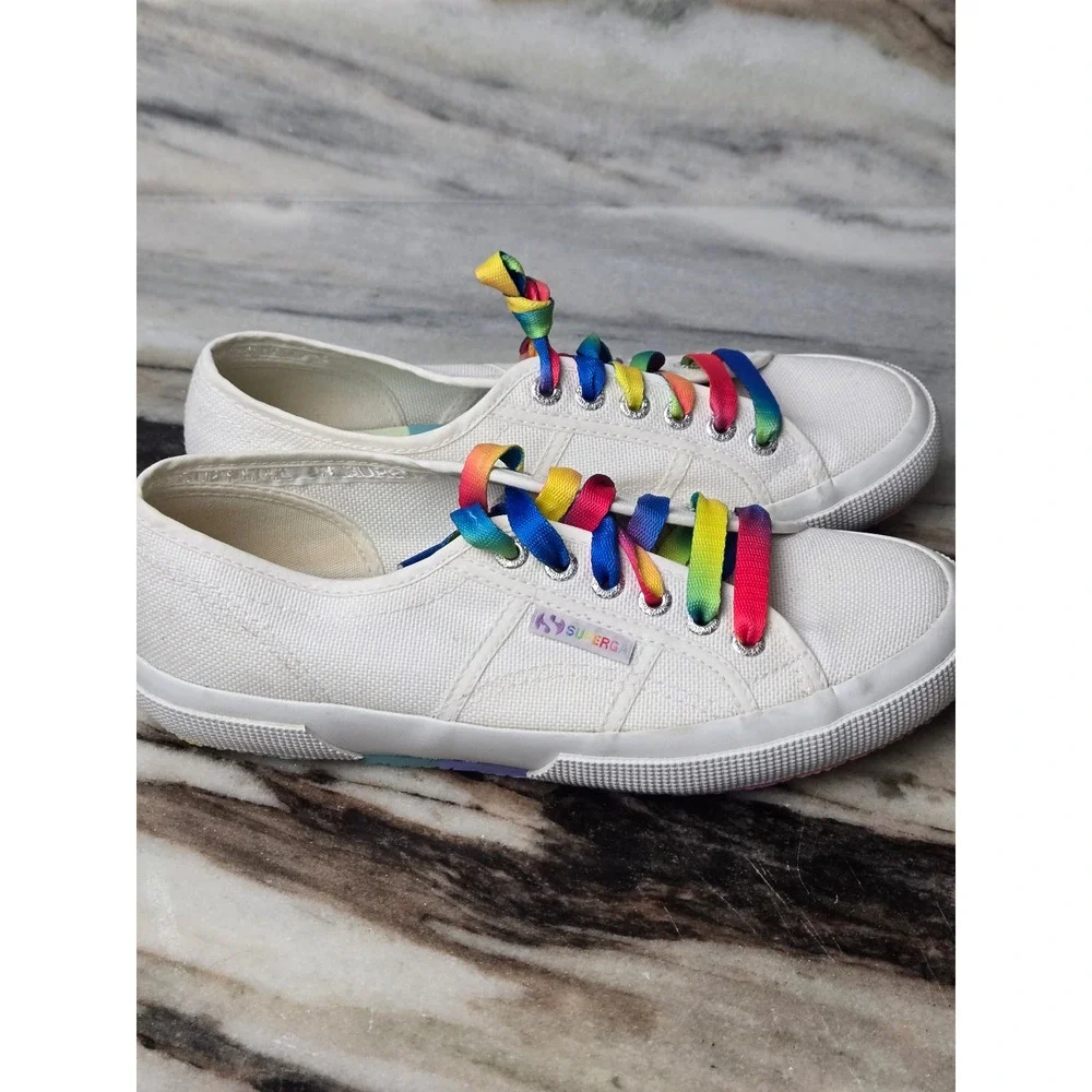 Superga 2750 Cotu White Rainbow Lace Striped Sole Sneakers‎  Womens 8